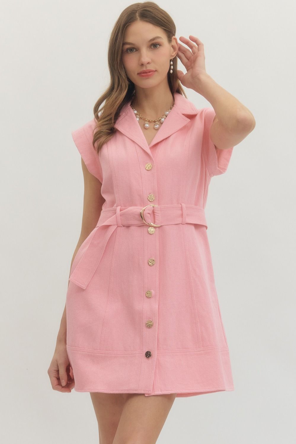 Entro Solid Cap Sleeve Mini Dress With Belt Waist In Pink