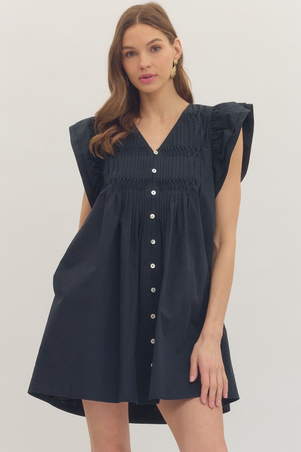 ENTRO Flutter Sleeve Mini Dress With Pintuck Front Panel In Black