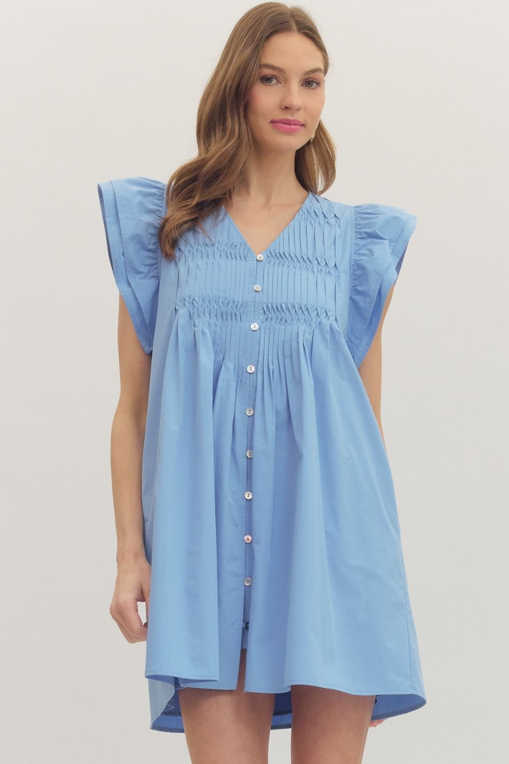 ENTRO Flutter Sleeve Mini Dress With Pintuck Front Panel In Chambray