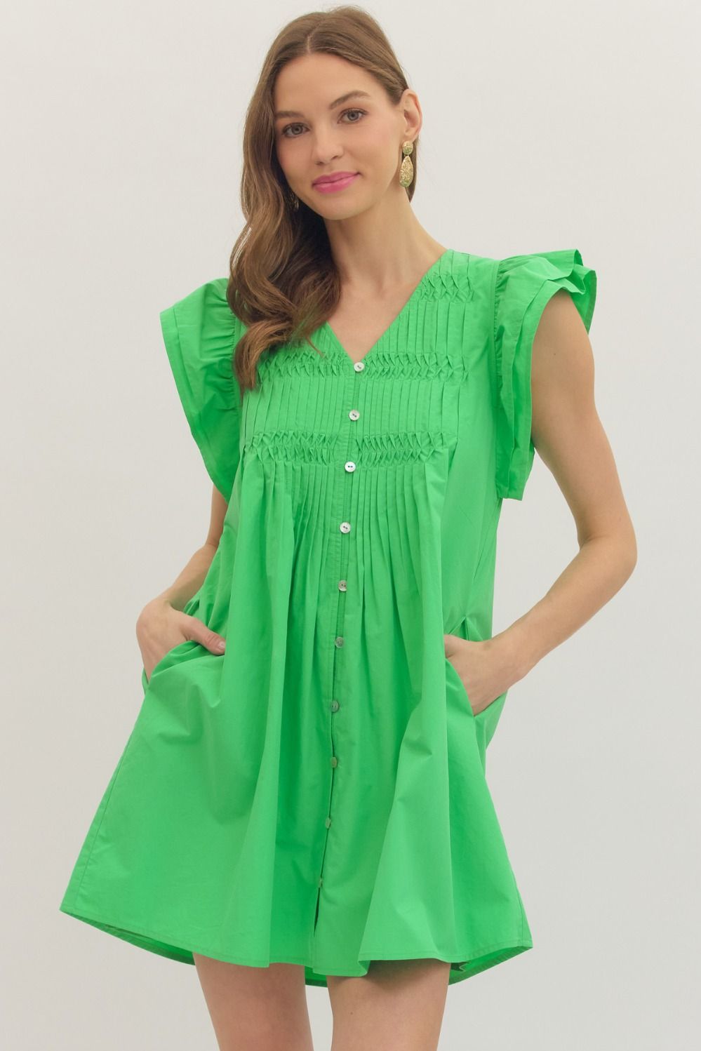 ENTRO Flutter Sleeve Mini Dress With Pintuck Front Panel In Green