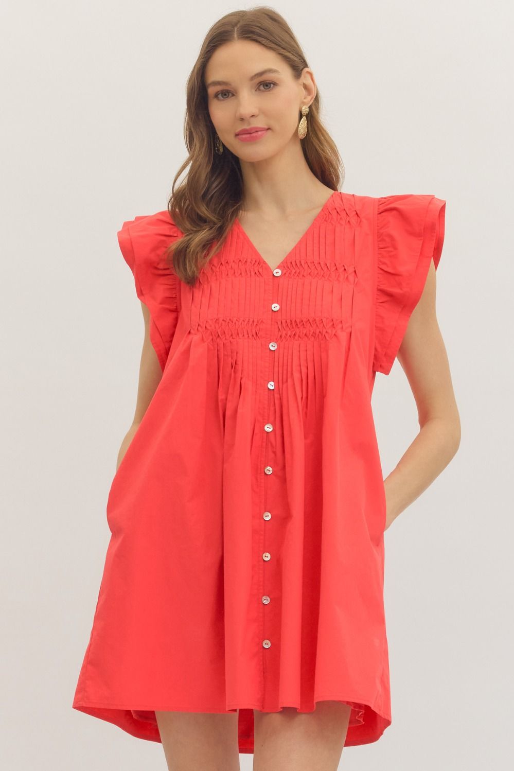 ENTRO Flutter Sleeve Mini Dress With Pintuck Front Panel In Red