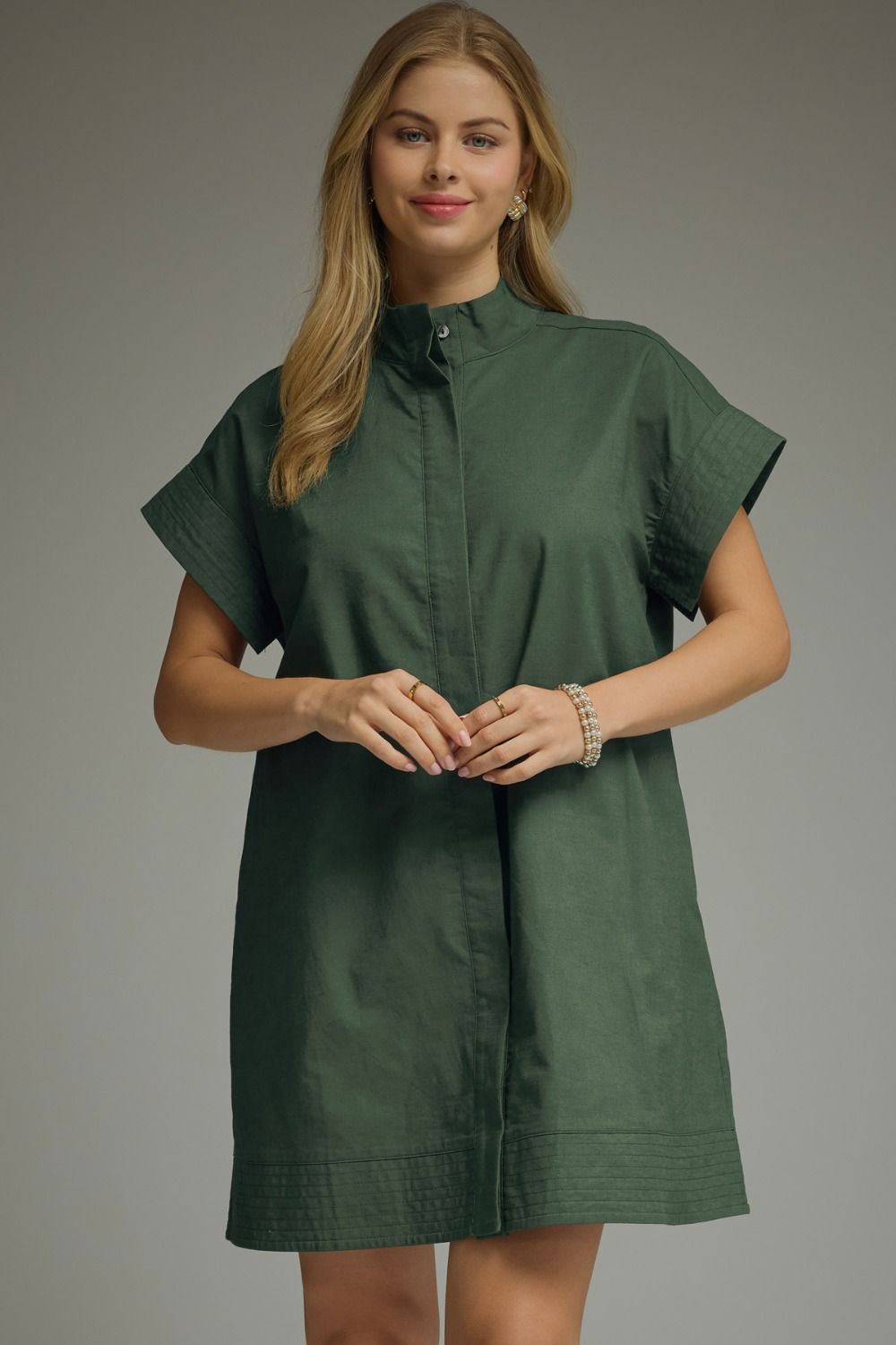 ENTRO Short Sleeve Mini Dress With Hidden Placket In Forest Green *COMING SOON*