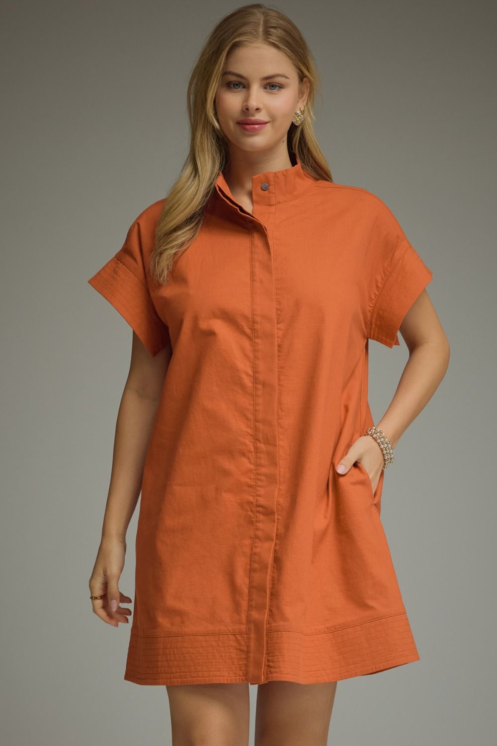 ENTRO Short Sleeve Mini Dress With Hidden Placket In Rust *COMING SOON*