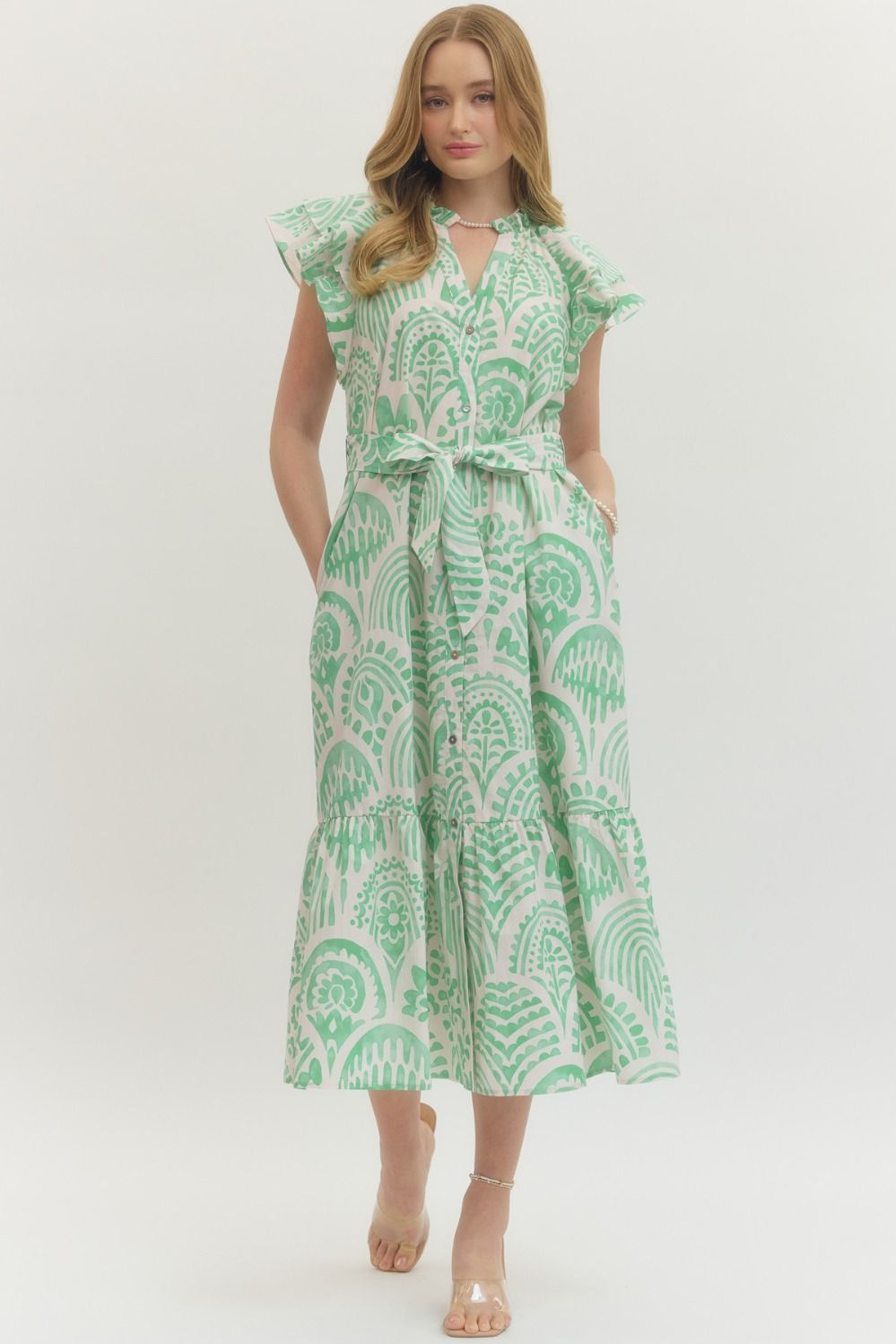 ENTRO Botanical Print Flutter Sleeve Dress In Mint