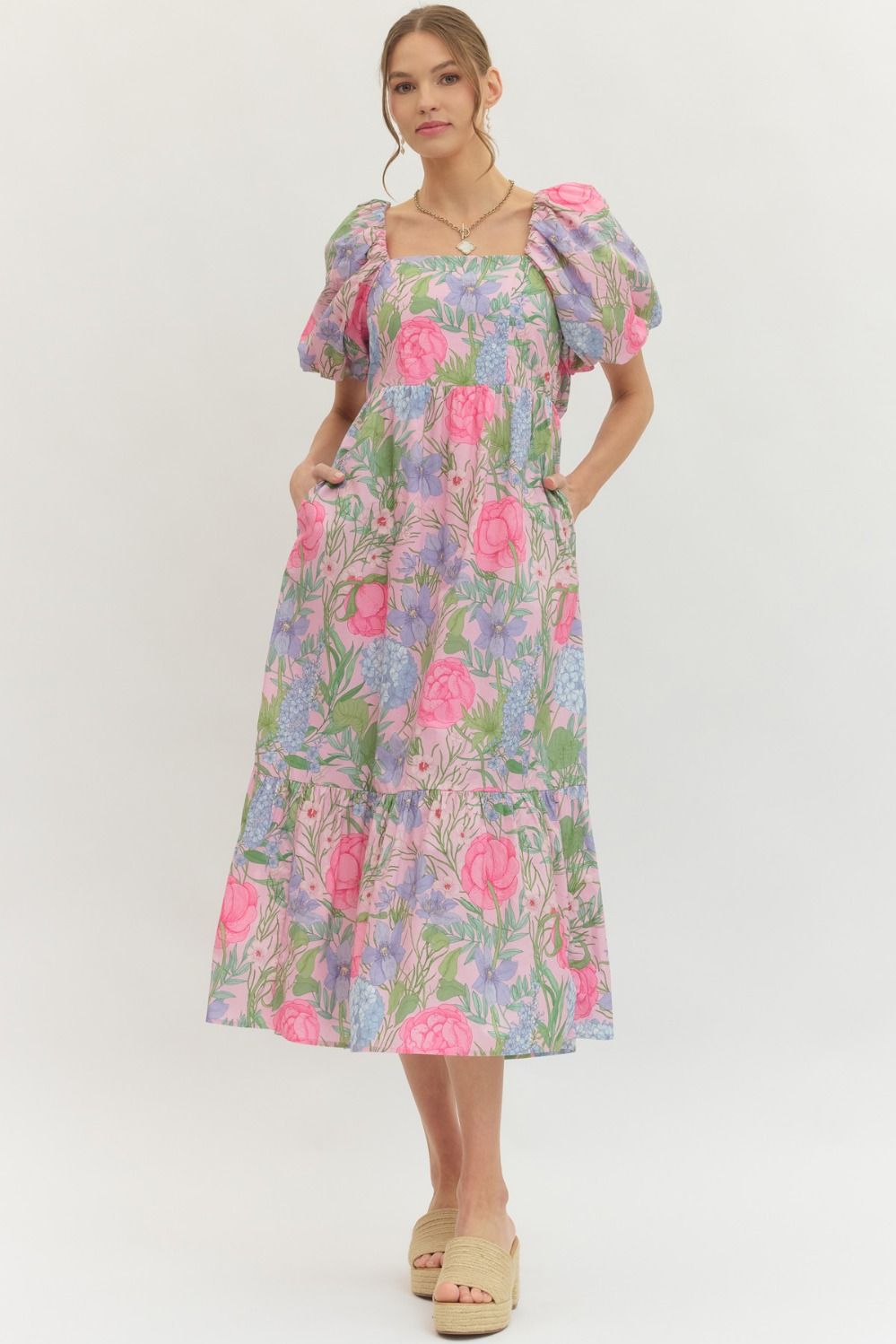 ENTRO Floral Print Puff Sleeve Midi Dress In Pink