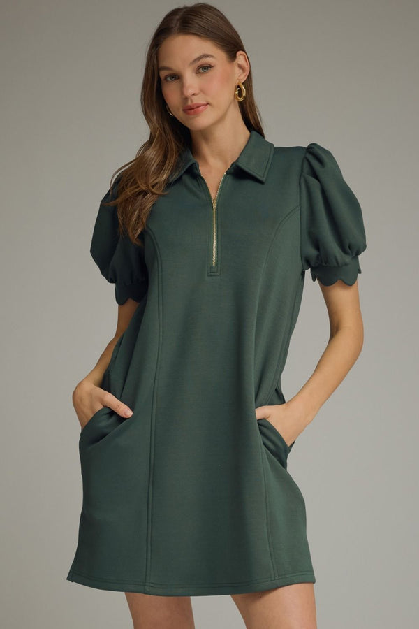 ENTRO Solid Puff Sleeve Luxe Knit Dress In Forest