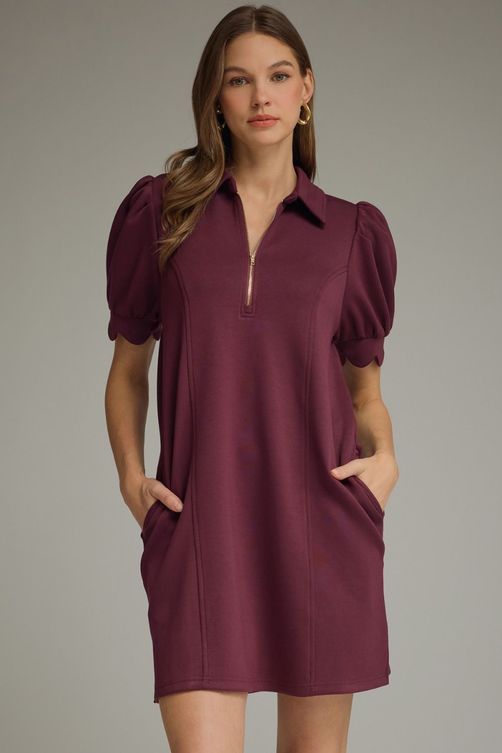 ENTRO Solid Puff Sleeve Luxe Knit Dress In Wine *COMING SOON*