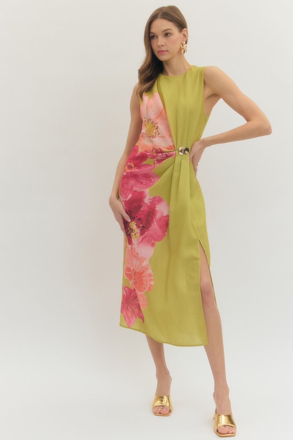 ENTRO Floral Sleeveless Mini Dress With Draped Front Panel In Chartreuse
