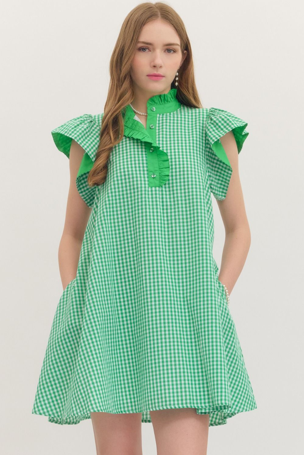 ENTRO Gingham Flutter Sleeve Mini Dress In Green