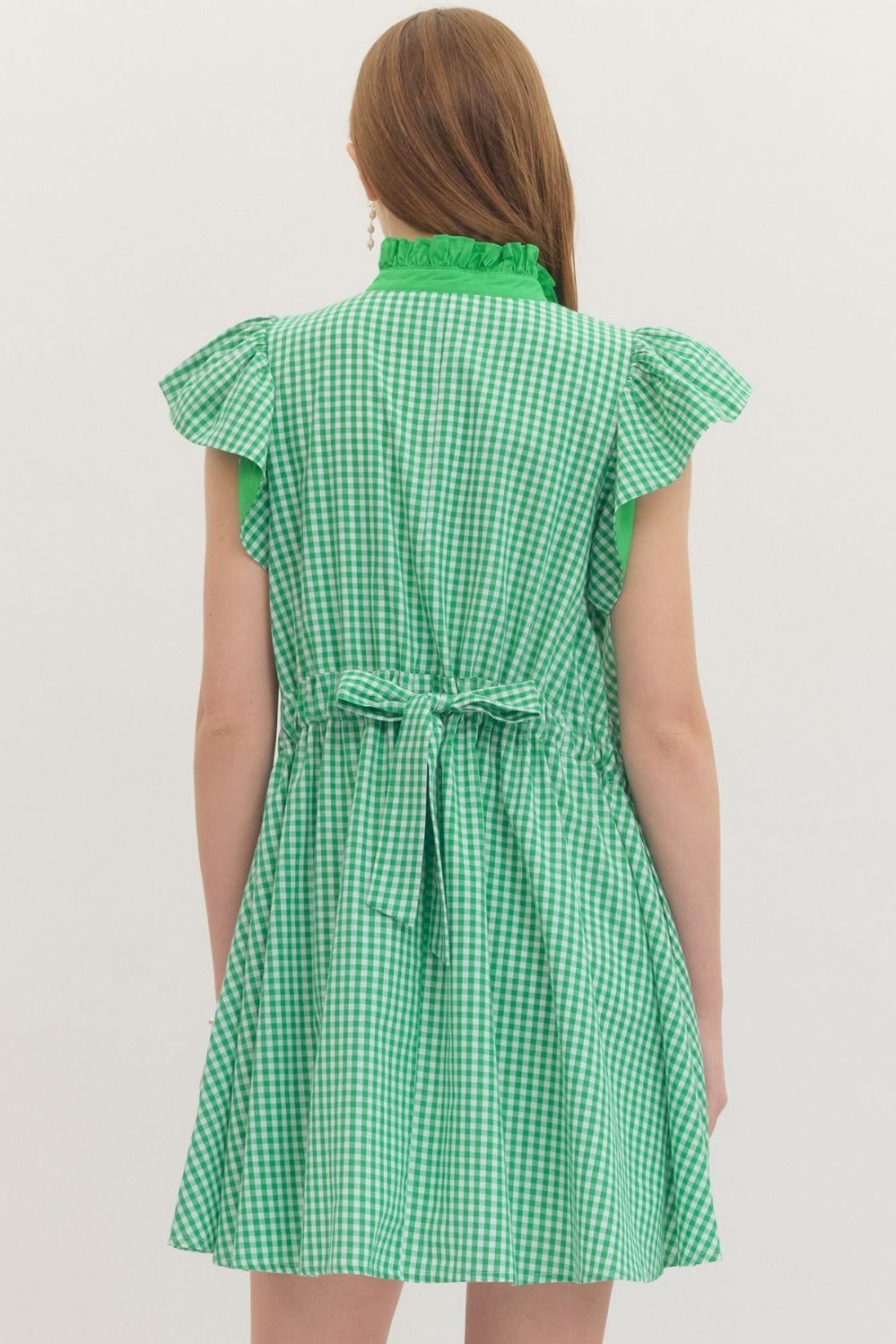 ENTRO Gingham Flutter Sleeve Mini Dress In Green