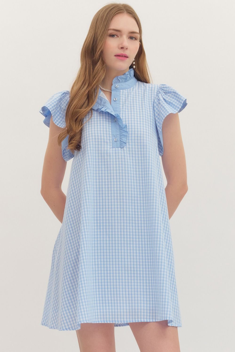 ENTRO Gingham Flutter Sleeve Mini Dress In Light Blue