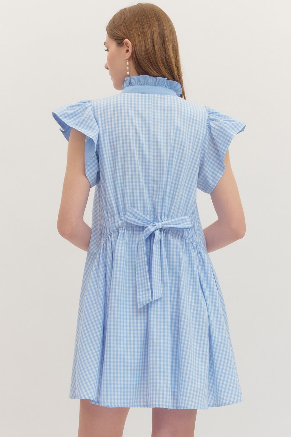 ENTRO Gingham Flutter Sleeve Mini Dress In Light Blue