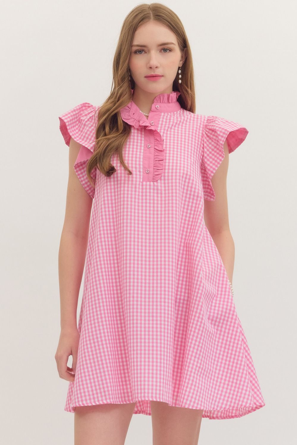ENTRO Gingham Flutter Sleeve Mini Dress In Pink