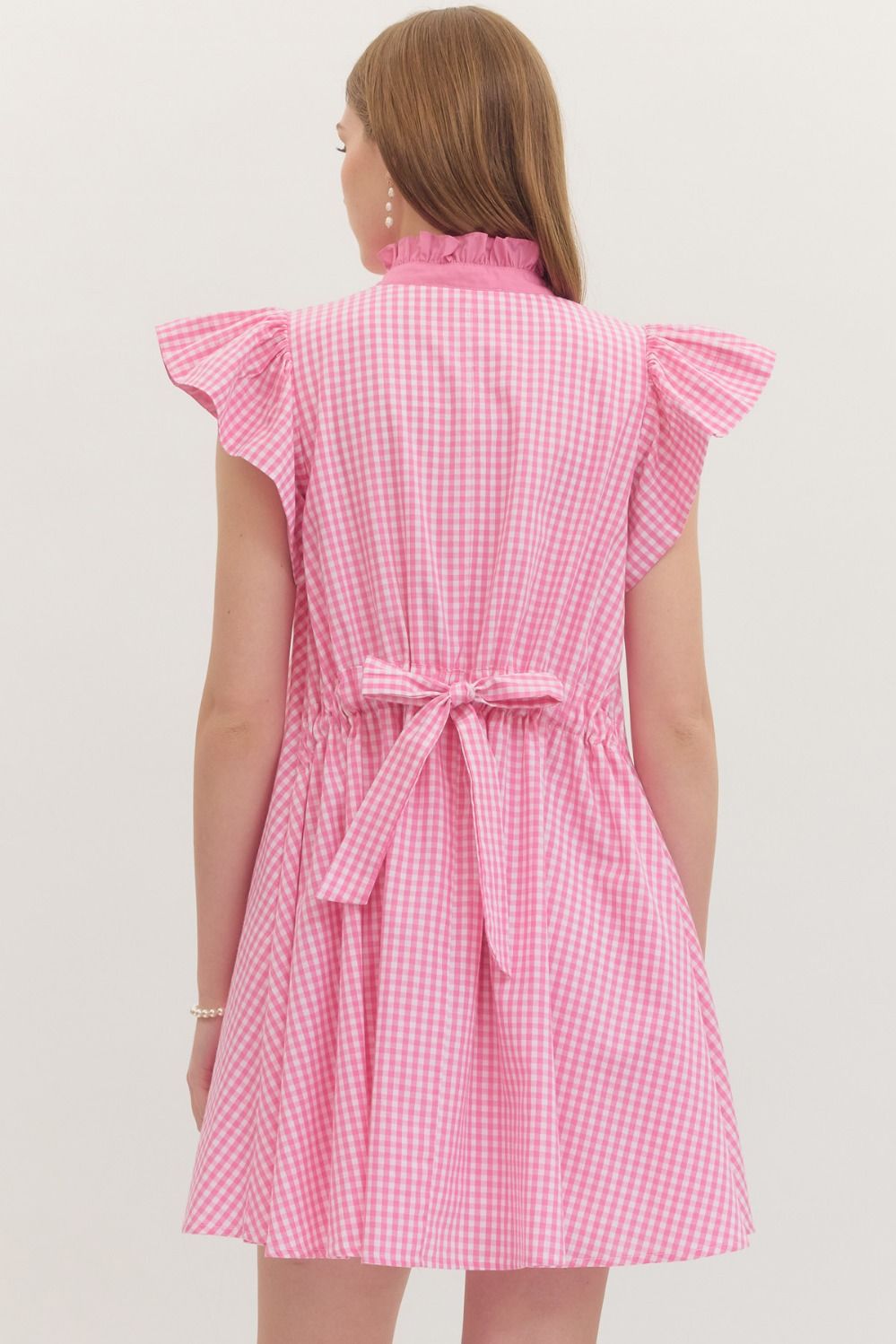 ENTRO Gingham Flutter Sleeve Mini Dress In Pink