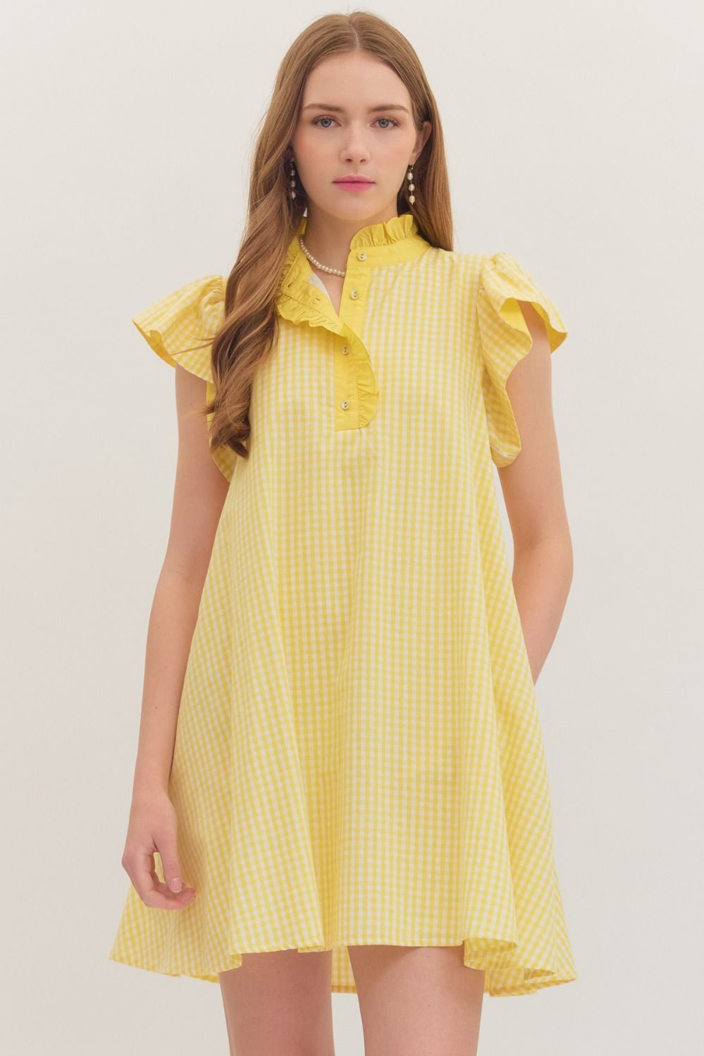 ENTRO Gingham Flutter Sleeve Mini Dress In Yellow