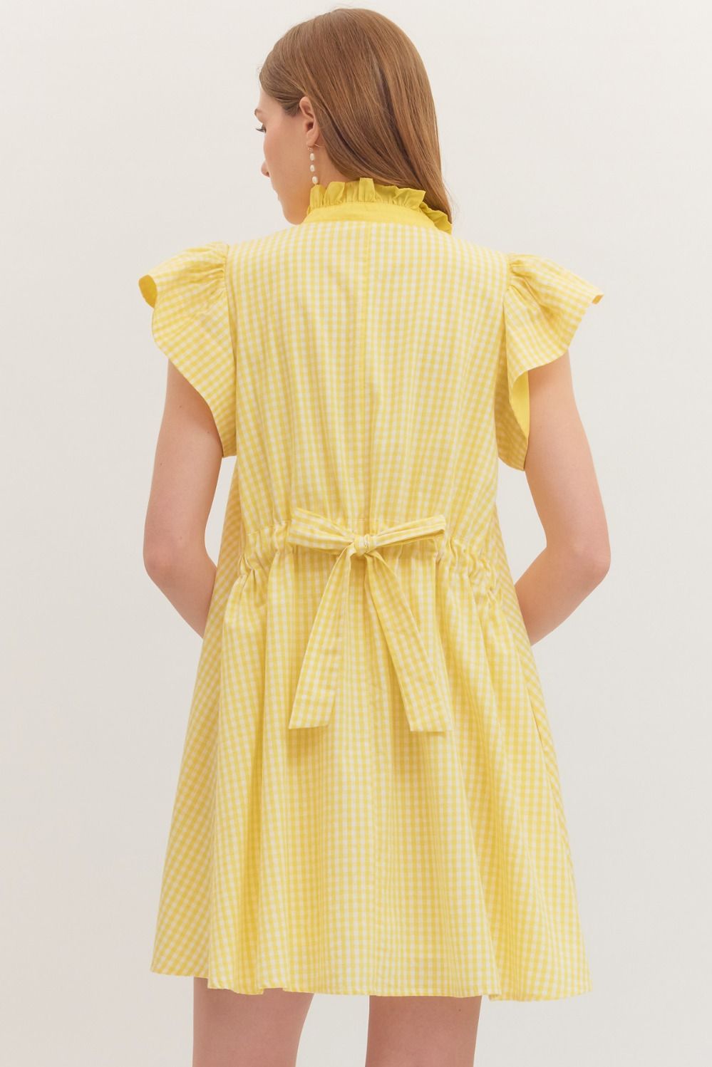 ENTRO Gingham Flutter Sleeve Mini Dress In Yellow