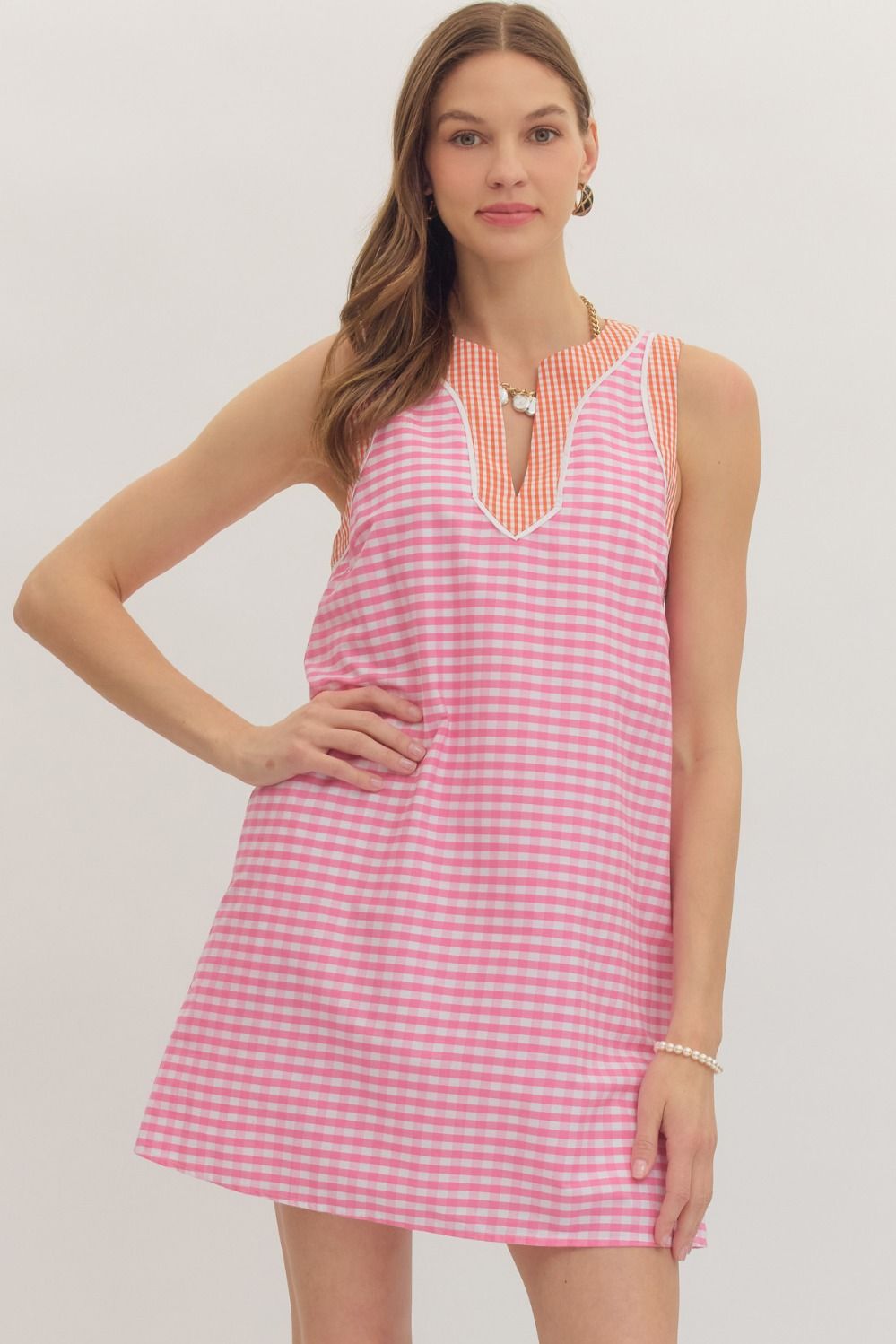 ENTRO Gingham Sleeveless Mini Dress In Light Pink