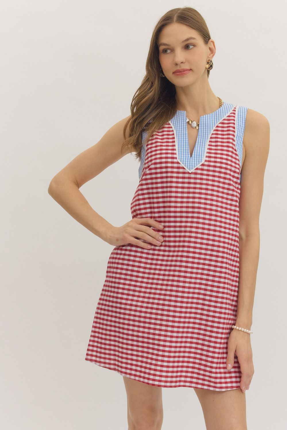 ENTRO Gingham Sleeveless Mini Dress In Red