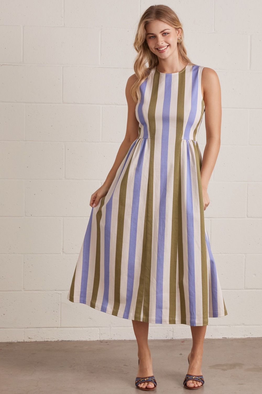 ENTRO Striped Sleeveless Midi Dress In Olive Combo *COMING SOON*