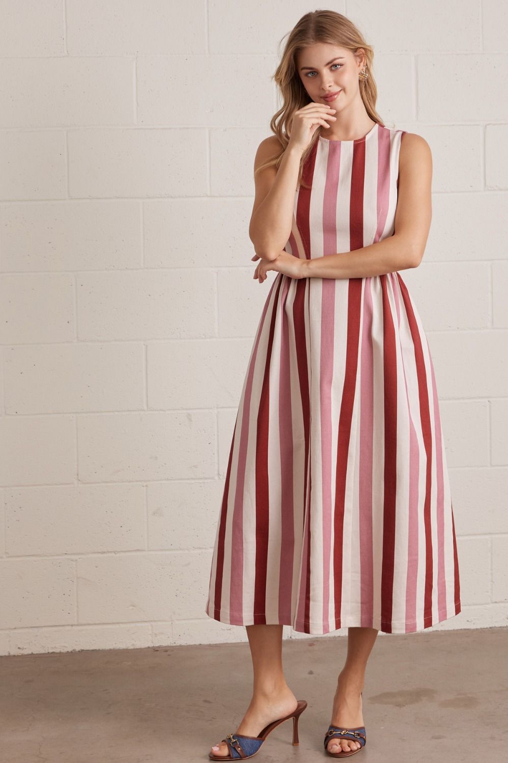 ENTRO Striped Sleeveless Midi Dress In Rust Combo *COMING SOON*