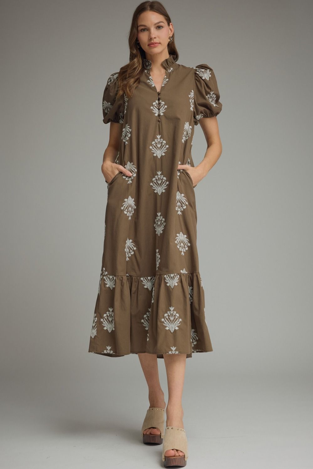 ENTRO Botanical Print Puff Sleeve Midi Dress In Brown *COMING SOON*