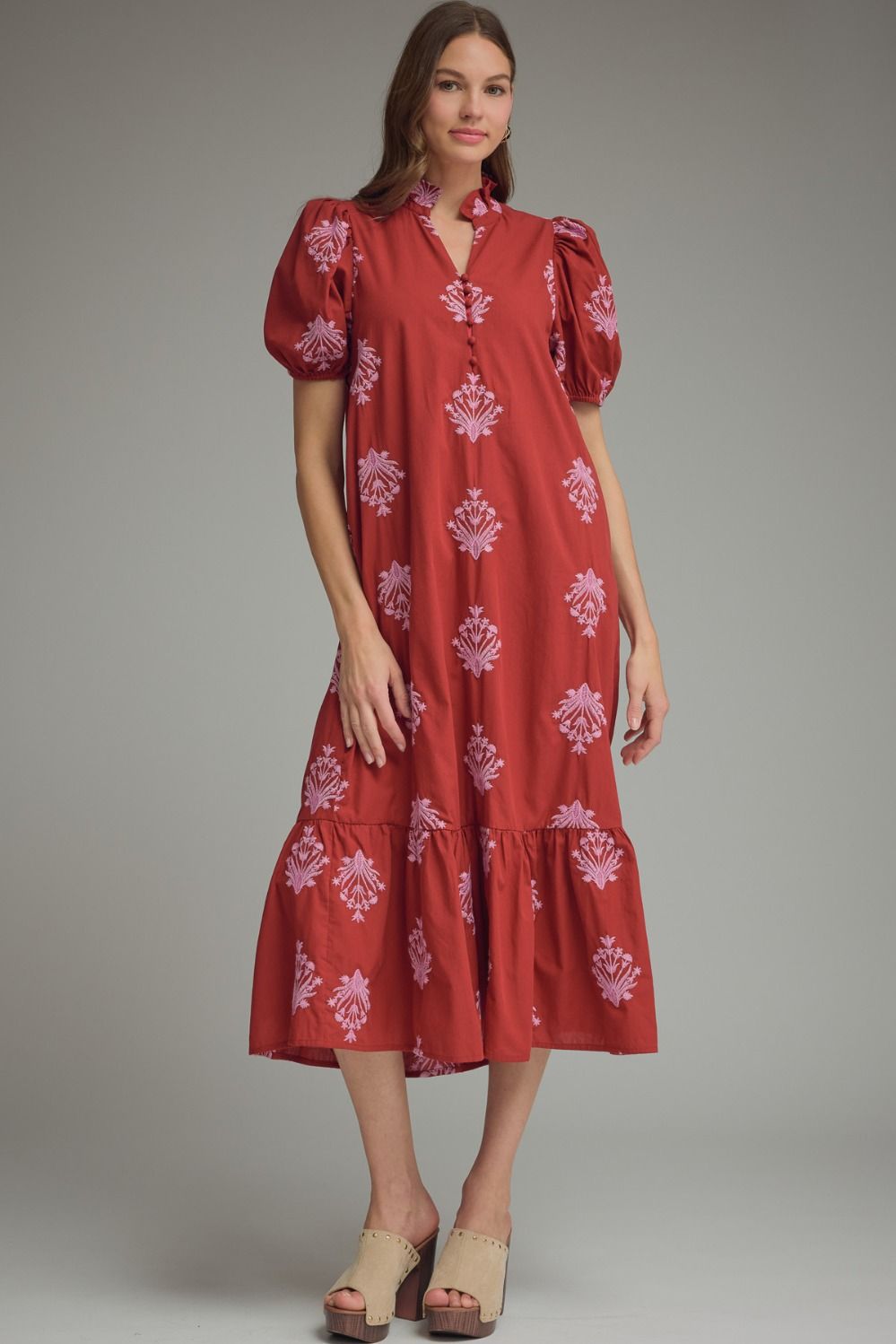 ENTRO Botanical Print Puff Sleeve Midi Dress In Burgundy