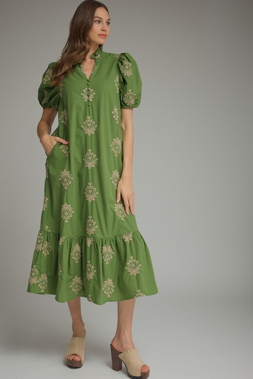 ENTRO Botanical Print Puff Sleeve Midi Dress In Olive