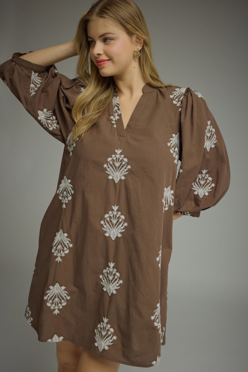 ENTRO Botanical Print Puff Sleeve Mini Dress In Brown