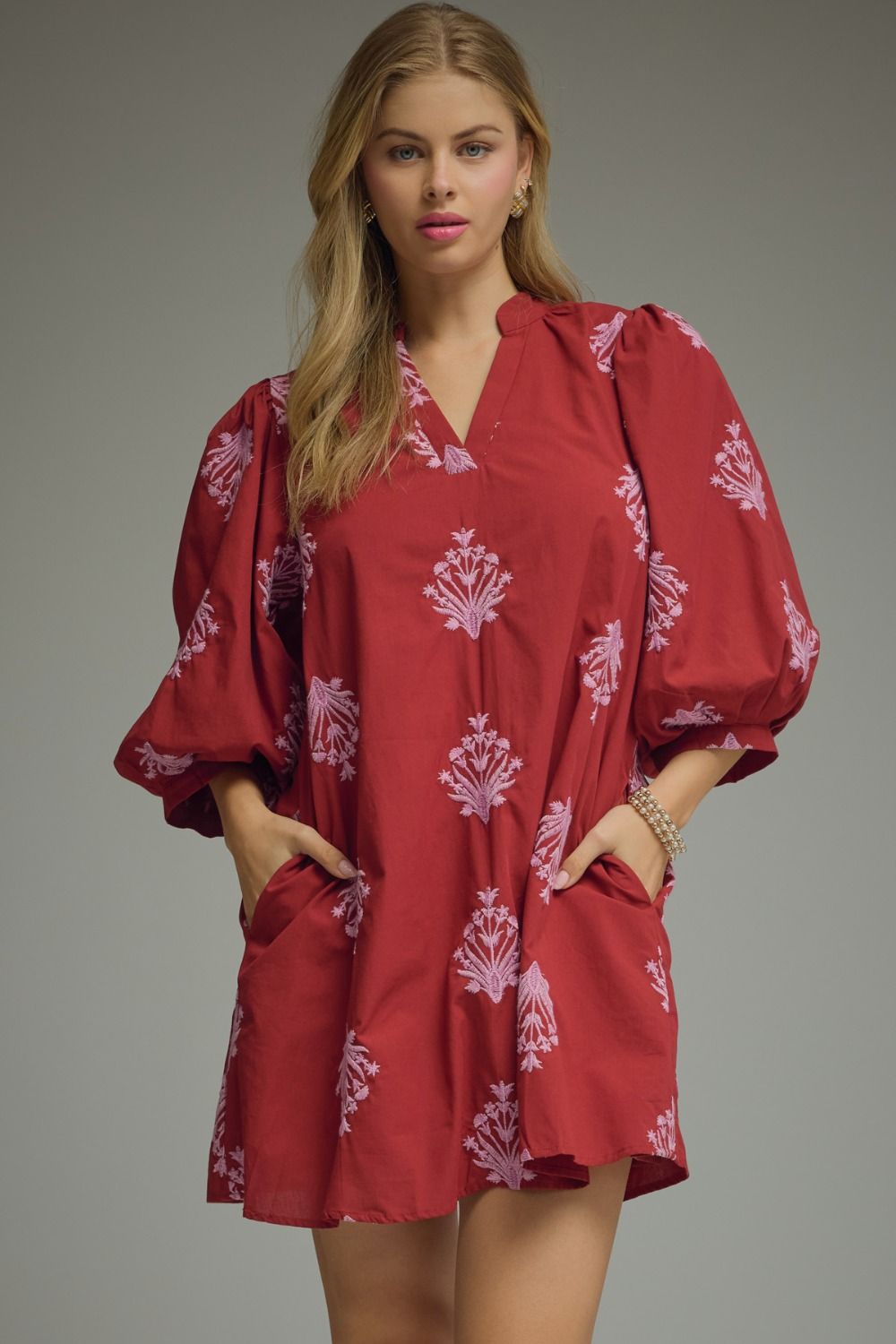 ENTRO Botanical Print Puff Sleeve Mini Dress In Burgundy