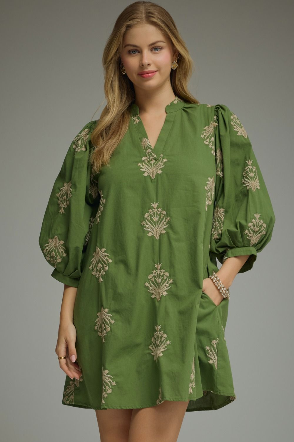 ENTRO Botanical Print Puff Sleeve Mini Dress In Olive