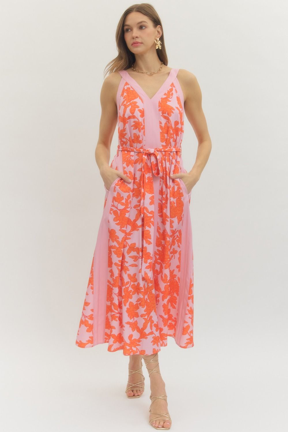 ENTRO Floral Sleeveless Midi Dress In Tangerine