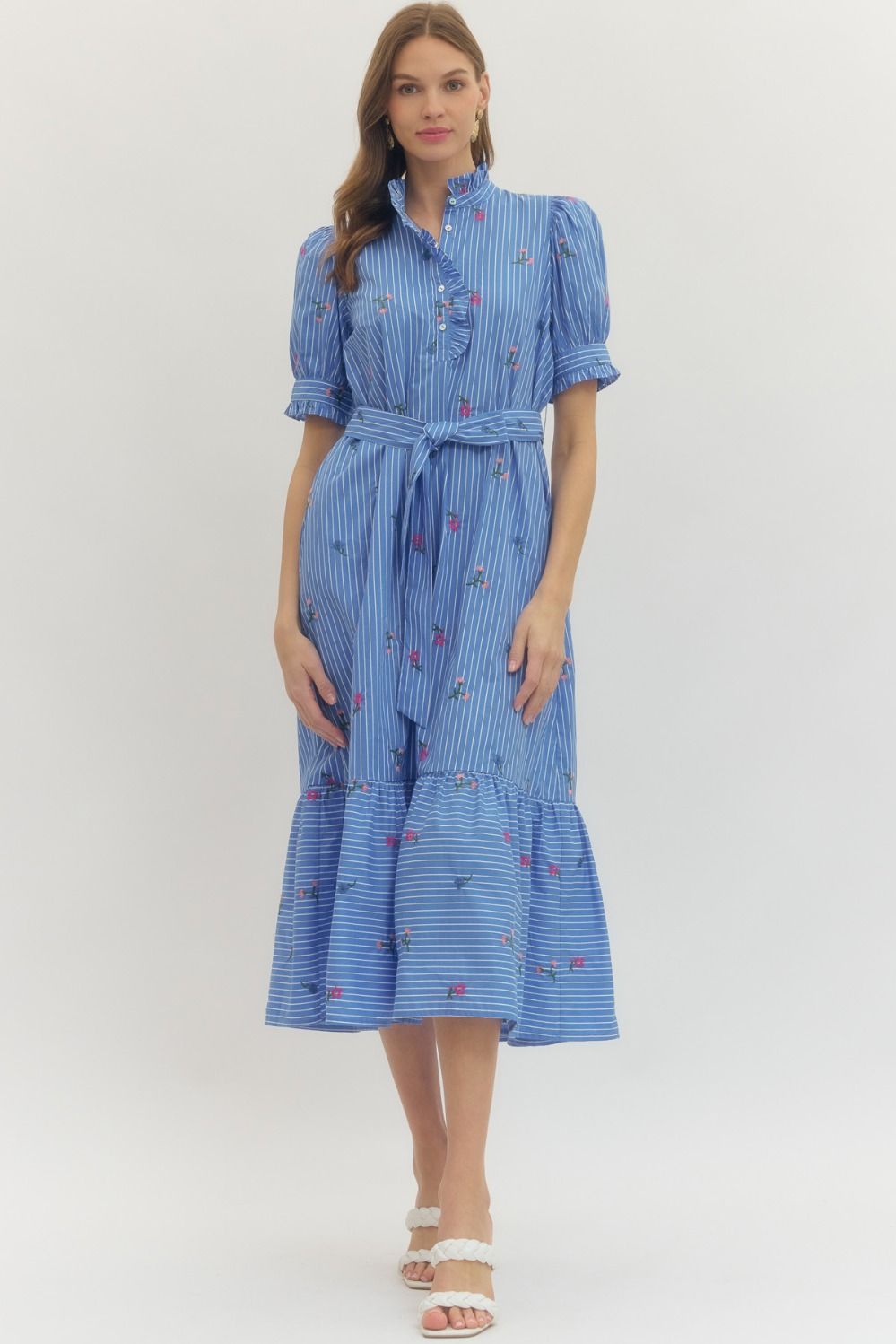 ENTRO Floral Embroidered Stripe Midi Dress In Blue *COMING SOON*