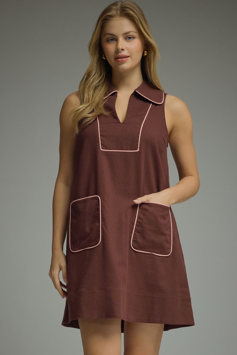 ENTRO Solid Sleeveless Mini Dress With Contrast Piping In Brown *COMING SOON*
