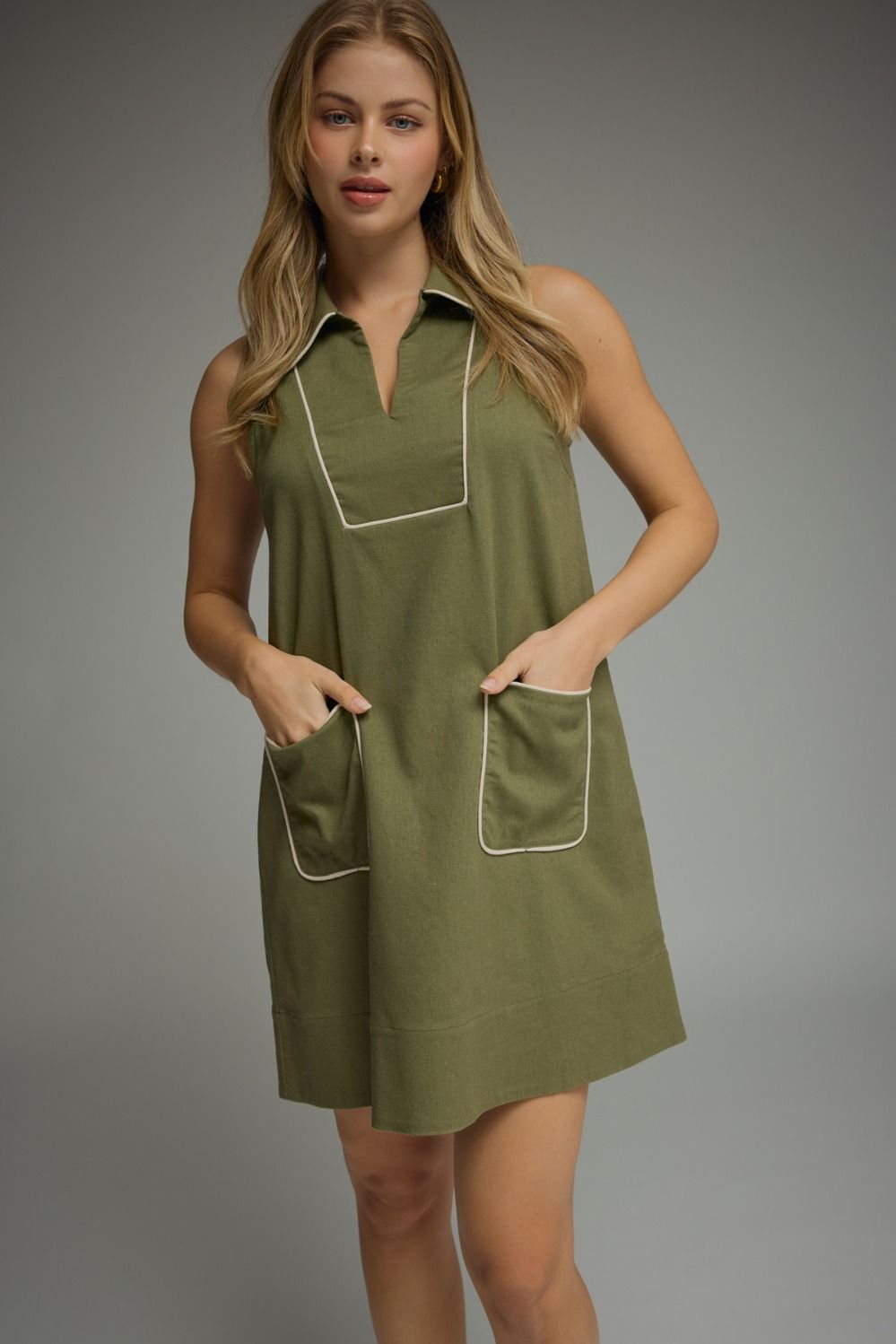 ENTRO Solid Sleeveless Mini Dress With Contrast Piping In Olive *COMING SOON*
