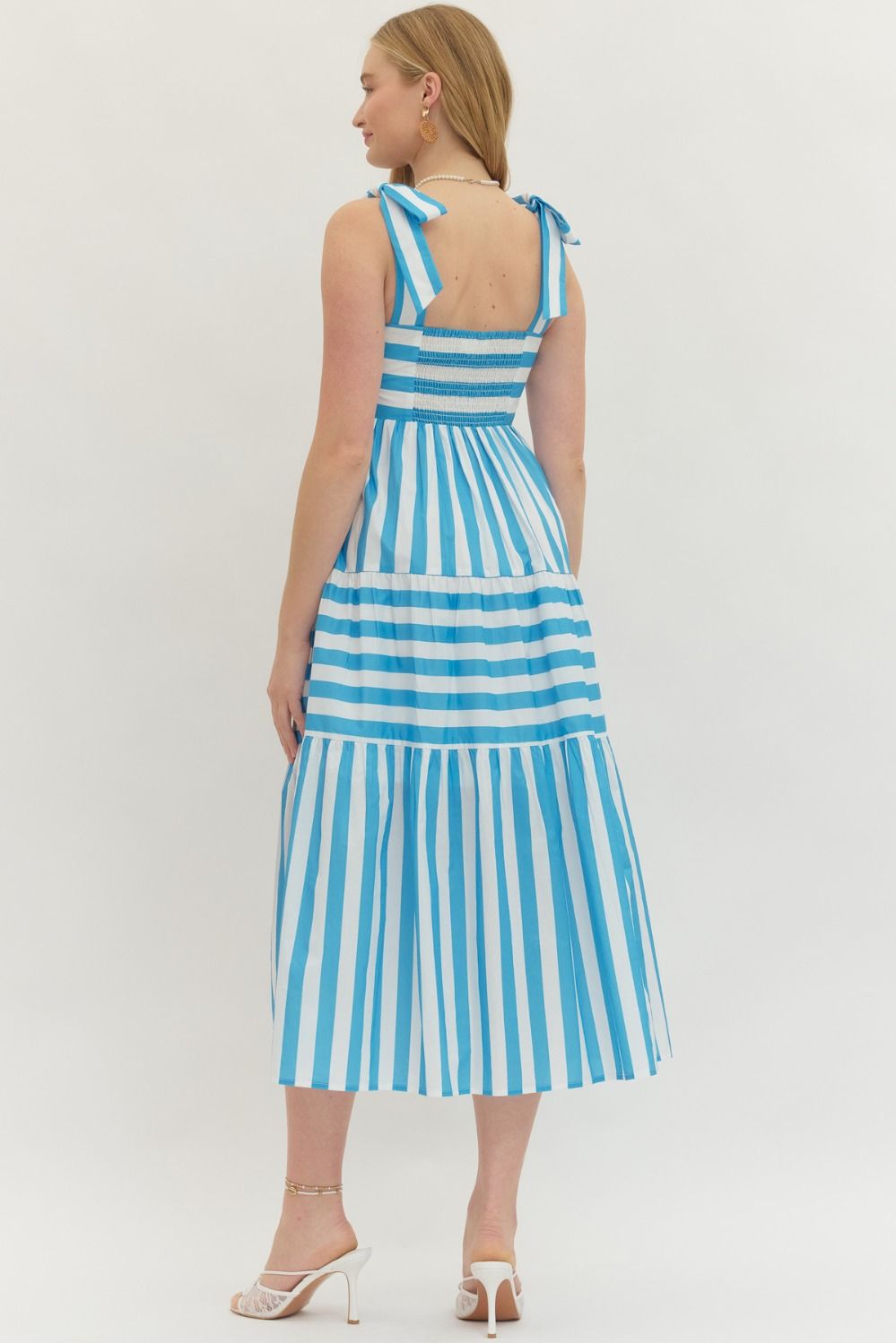 ENTRO Striped Midi Dress With Bow Shoulder Straps In Blue
