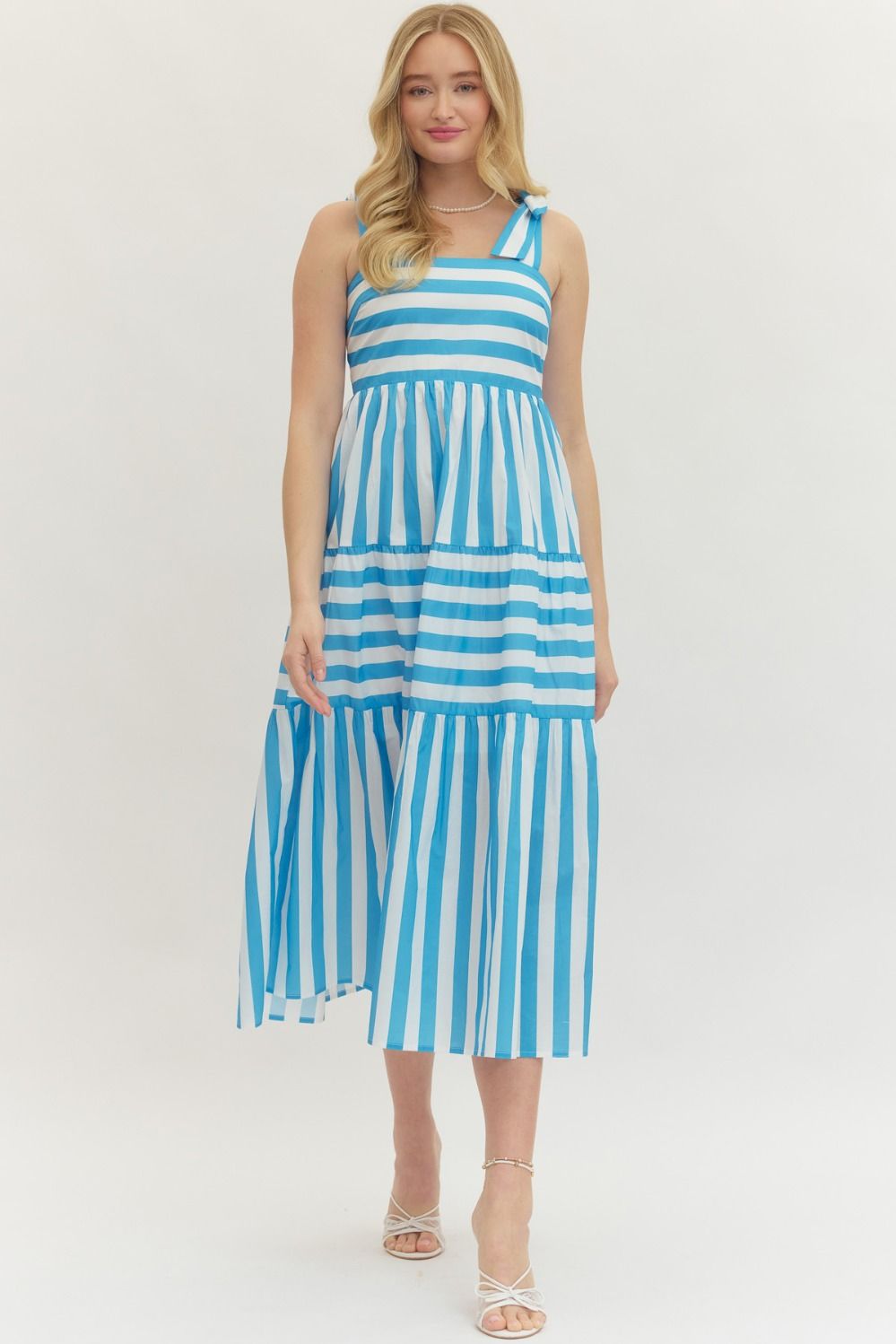 ENTRO Striped Midi Dress With Bow Shoulder Straps In Blue