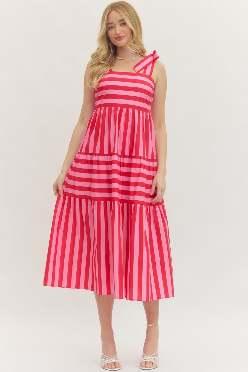 ENTRO Striped Midi Dress With Bow Shoulder Straps In Red