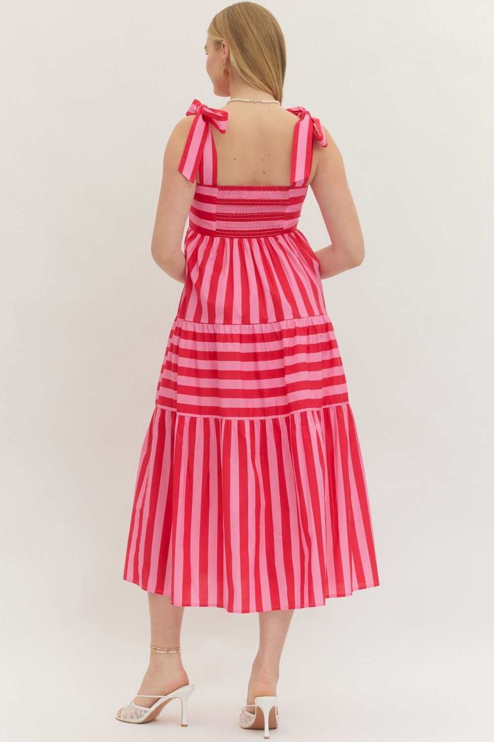 ENTRO Striped Midi Dress With Bow Shoulder Straps In Red
