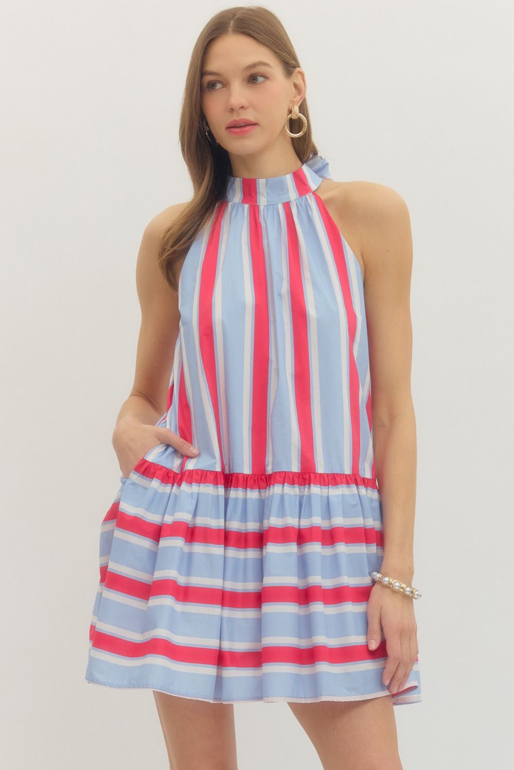 ENTRO Striped Sleeveless Mini Dress With Tie Neck In Blue Red