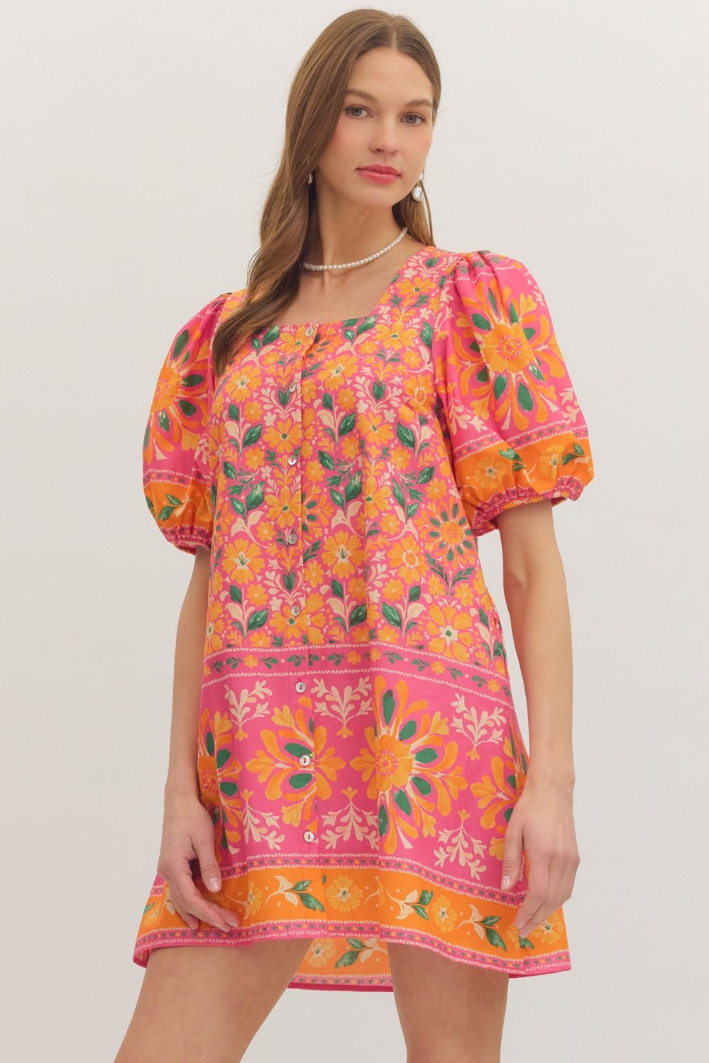 ENTRO Floral Puff Sleeve Mini Dress In Hot Pink *COMING SOON*