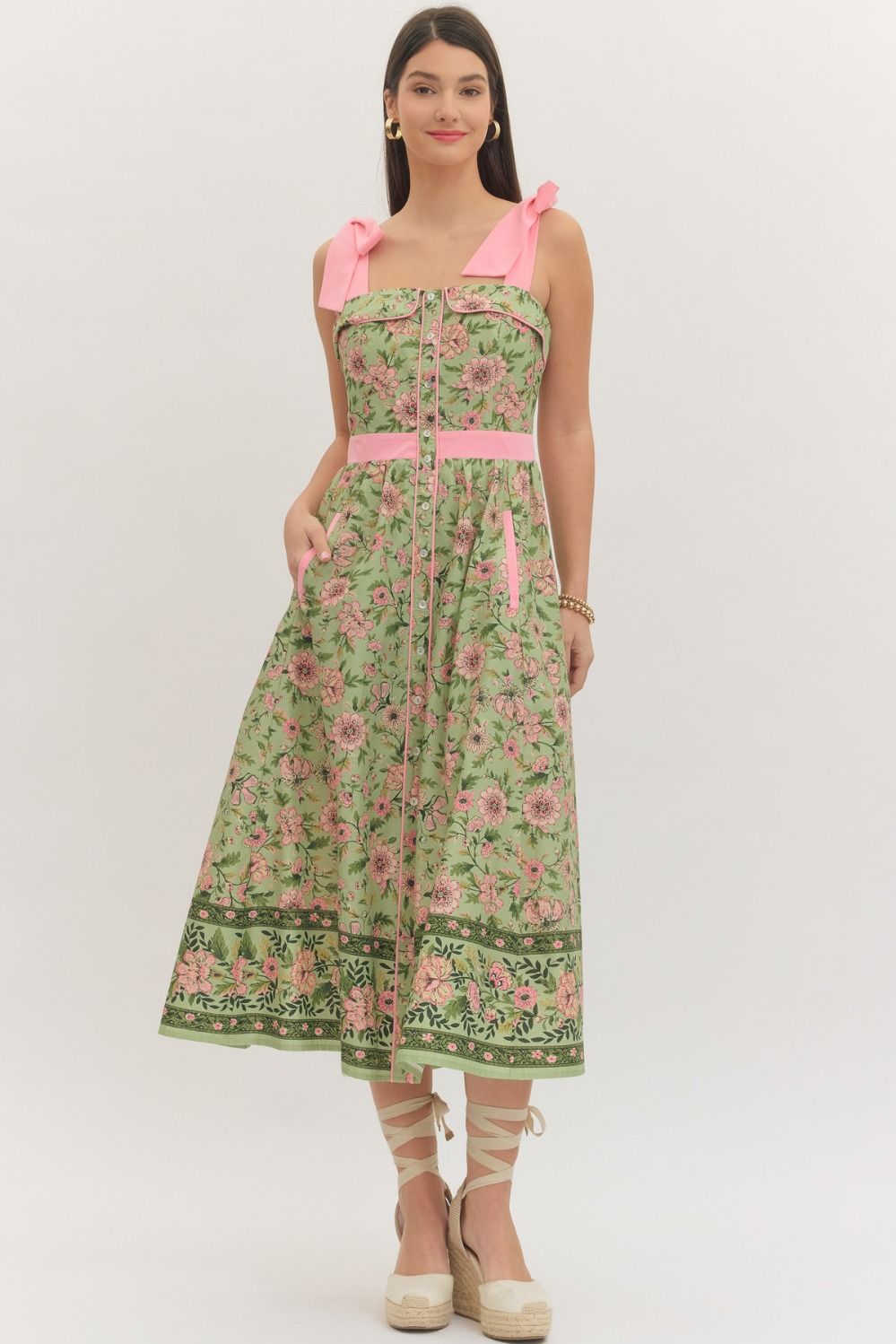 ENTRO Botanical Print Sleeveless Midi Dress With Tie Shoulders In Matcha