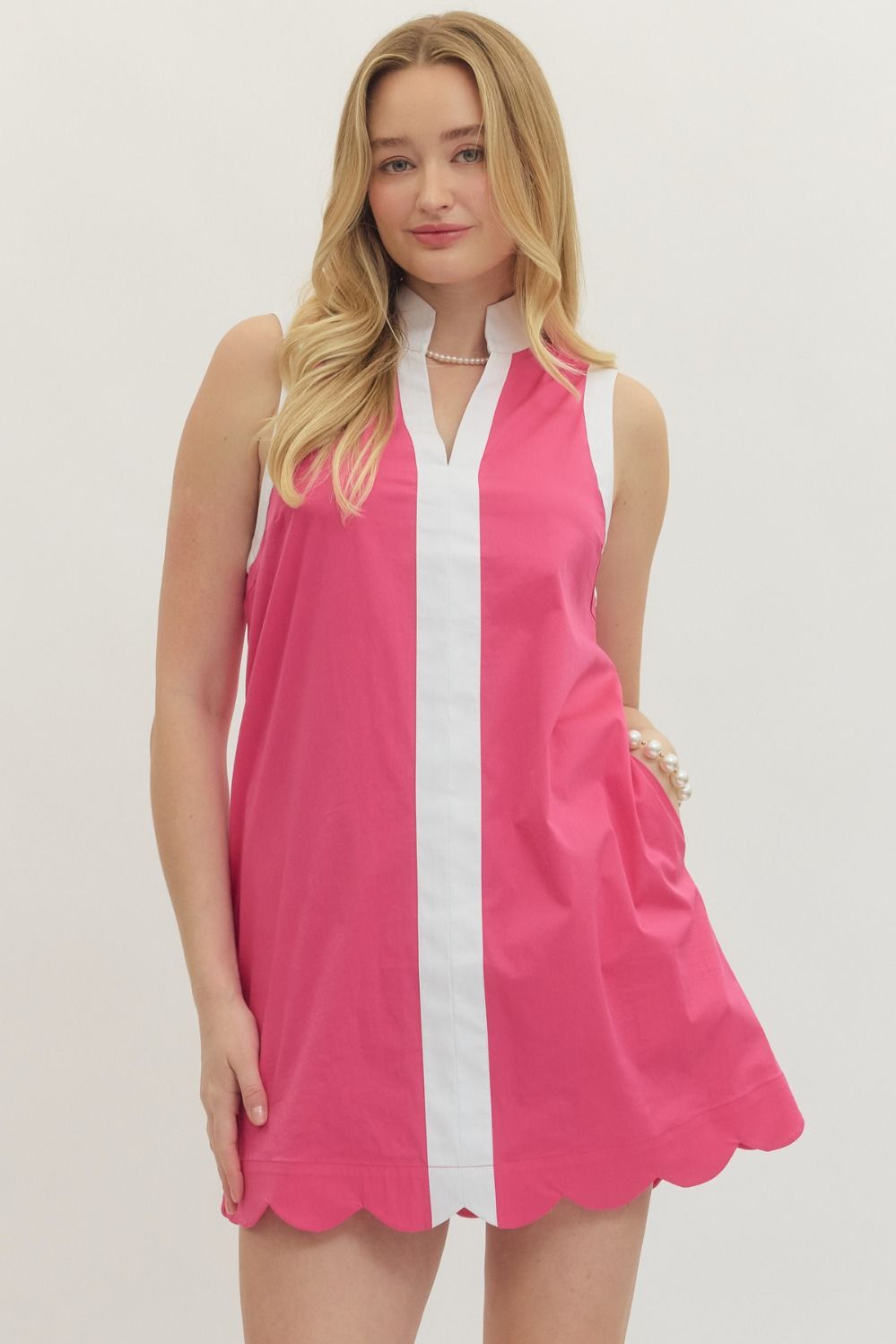 ENTRO Solid Scalloped Hem Dress In Hot Pink *COMING SOON*