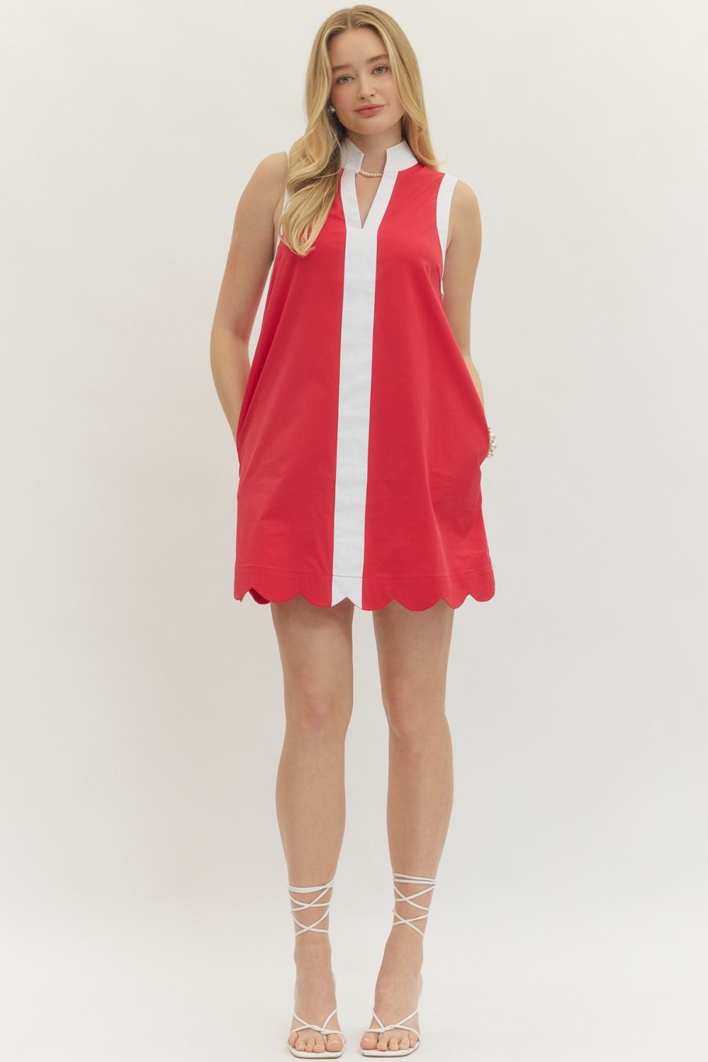 ENTRO Solid Scalloped Hem Dress In Red *COMING SOON*