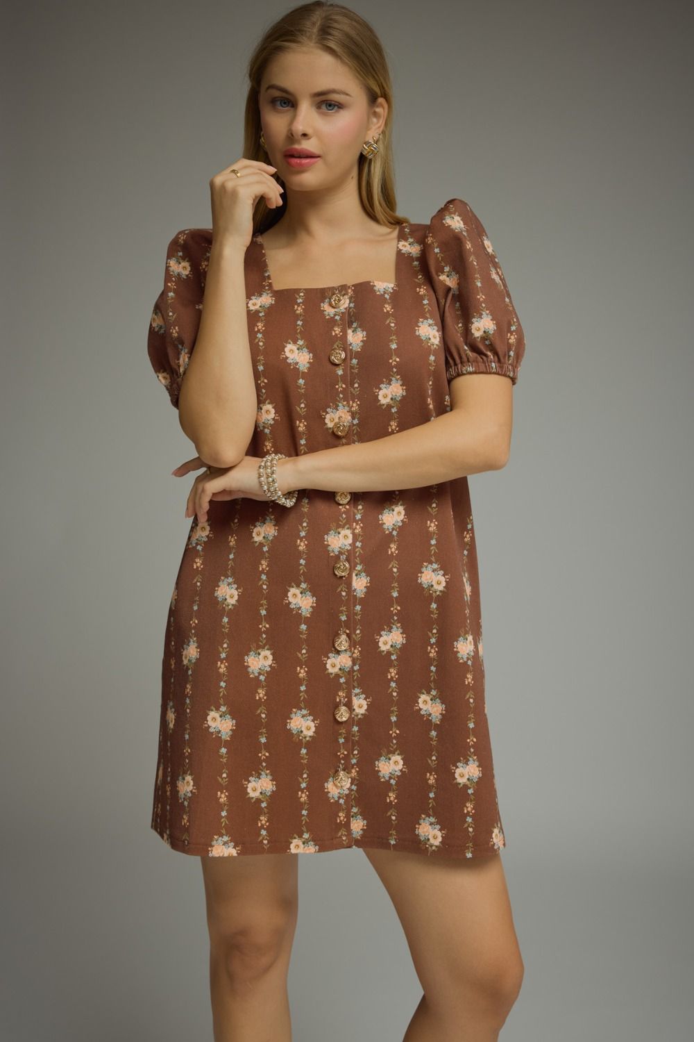 ENTRO Floral Print Square Neck Puff Sleeve Mini Dress In Brown *COMING SOON*