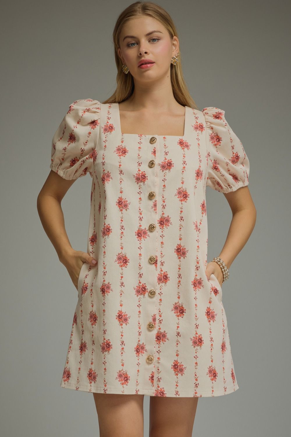 ENTRO Floral Print Square Neck Puff Sleeve Mini Dress In Ecru *COMING SOON*