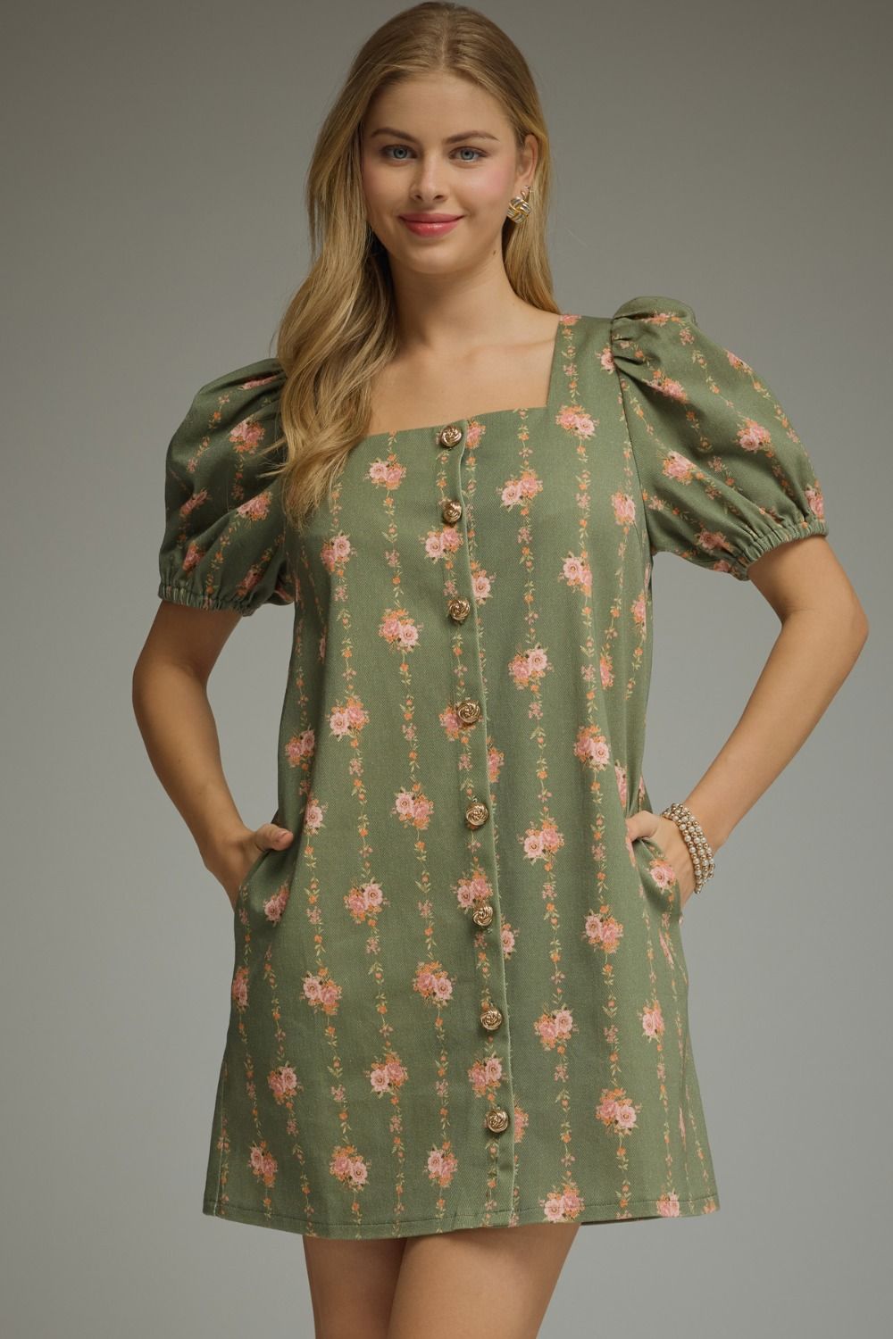 ENTRO Floral Print Square Neck Puff Sleeve Mini Dress In Olive *COMING SOON*