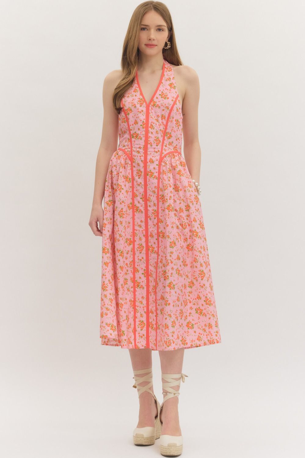 ENTRO Floral Print Halter Neck Midi Dress In Pink