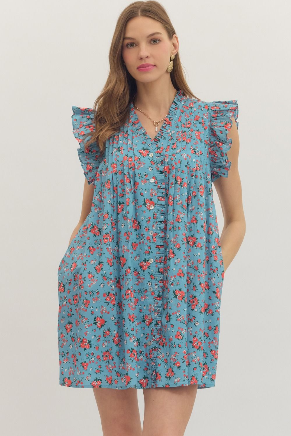 ENTRO Floral Print Flutter Sleeve Mini Dress In Blue