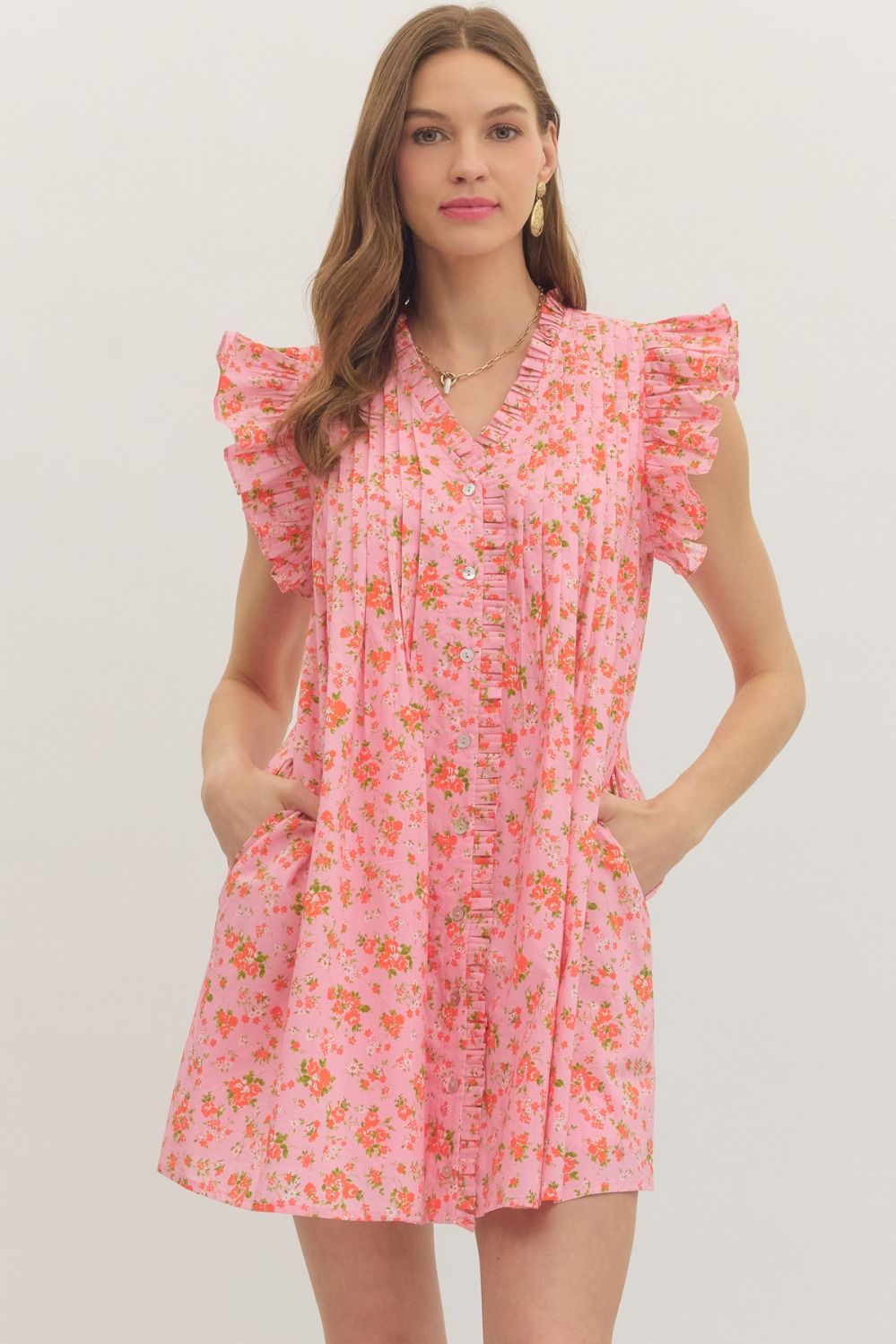 ENTRO Floral Print Flutter Sleeve Mini Dress In Pink