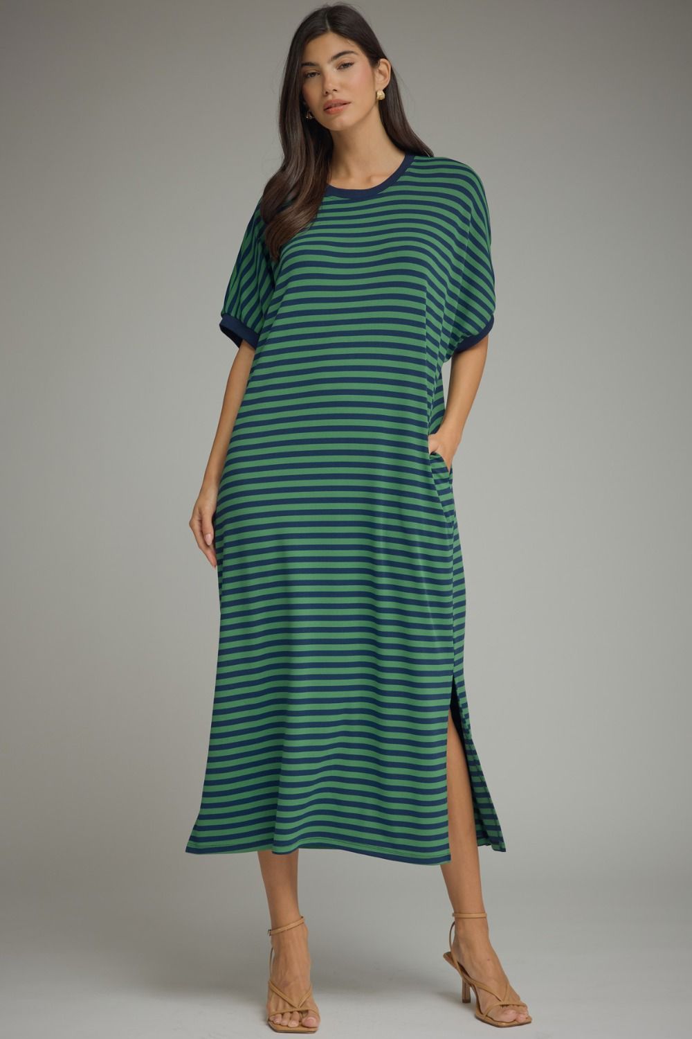 ENTRO Short Sleeve Stripe Midi Dress In Green Navy